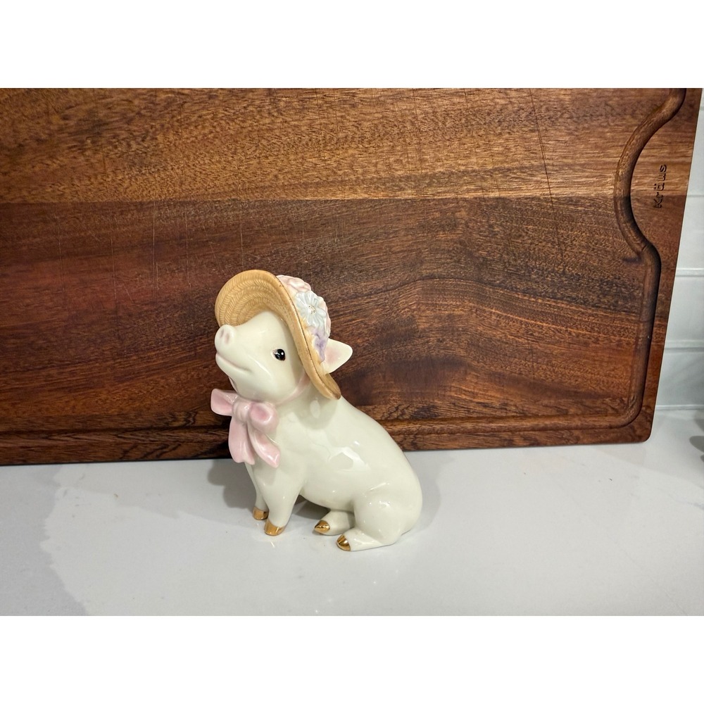 Lenox Sadie's Sunday Best Porcelain Pig Figurine Gold Accents Floral Hat Bow